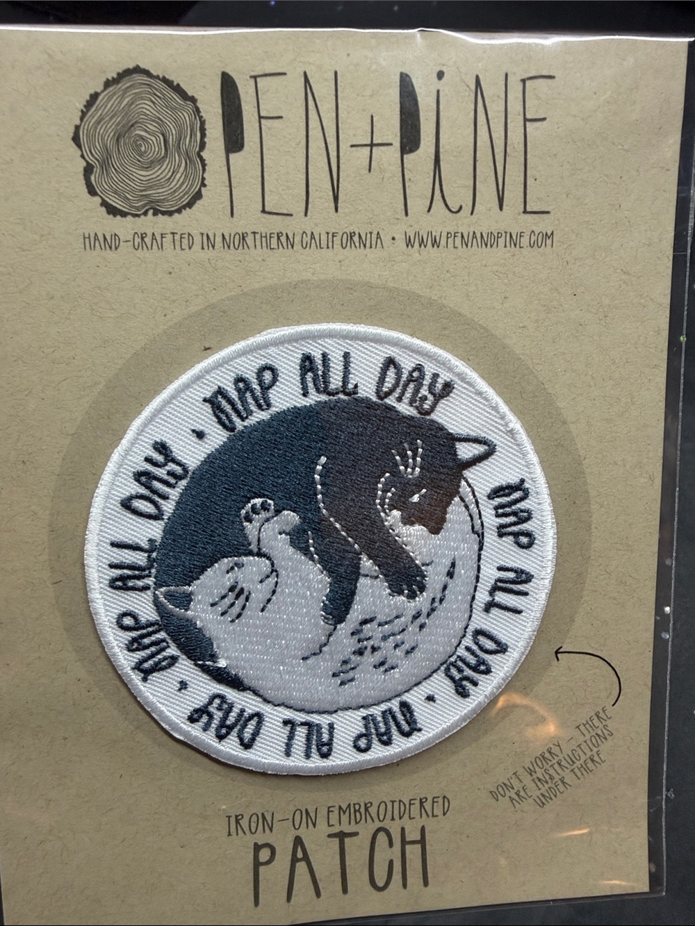 Iron-On Embroidered 'Nap All Day' Cat Patch - White & Black